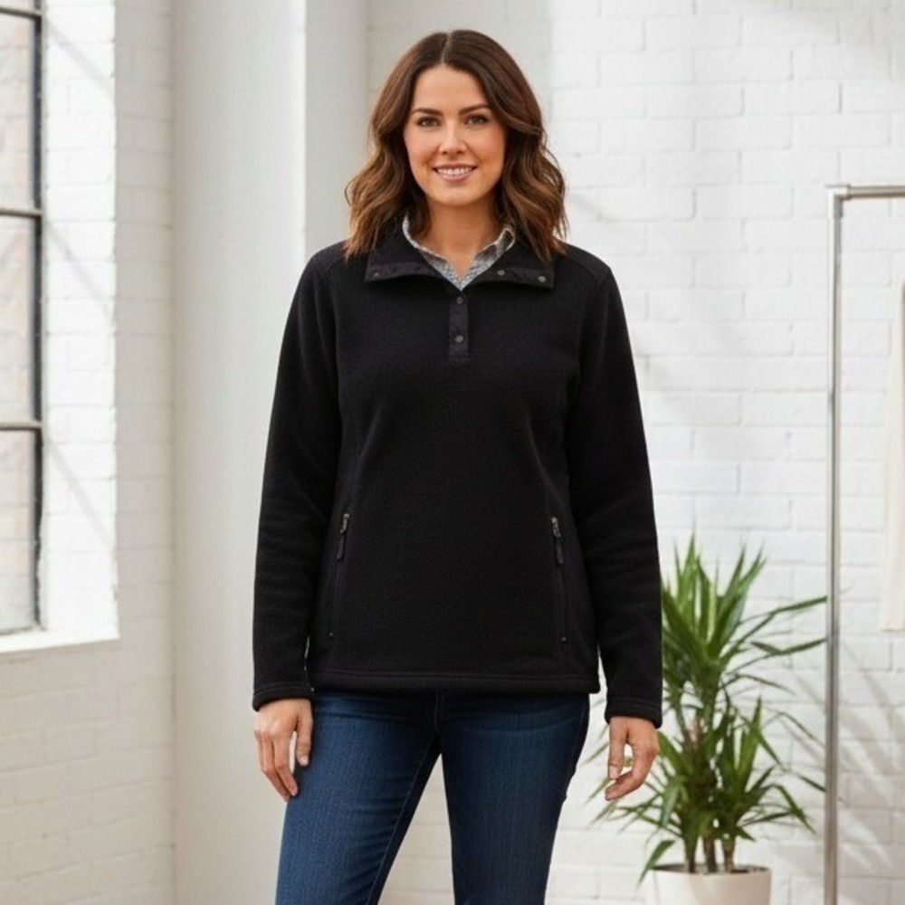 LL Bean Women's Large Black Polartec Fleece Snap Pullover Jacket 284622 Outdoor